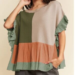 DAVI & DANI Patchwork Knit Sweater Sz 1XL Ruffle Detail Sleeveless Top Bohemia